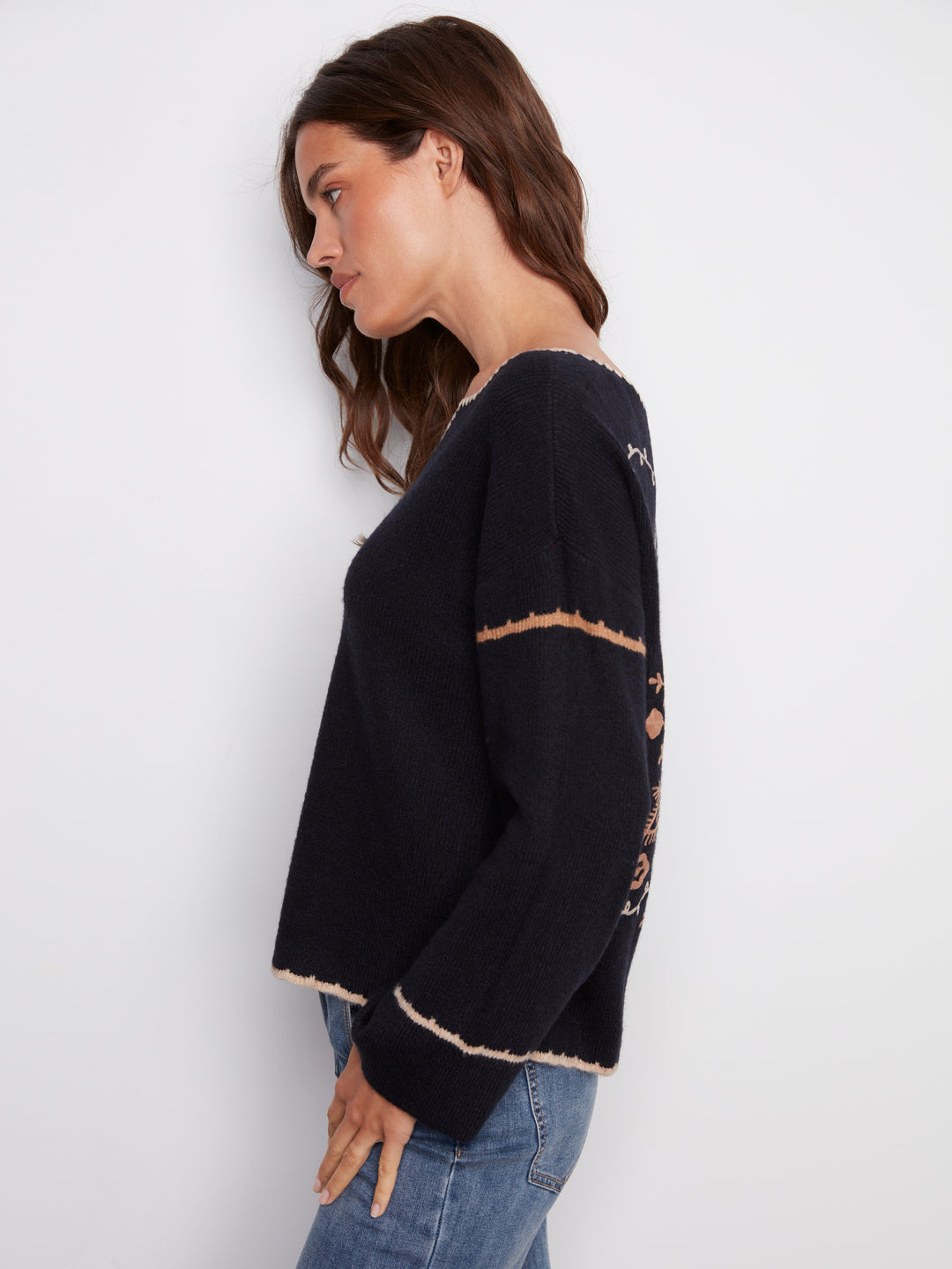 Navy Notch Neck Embroidered Sweater