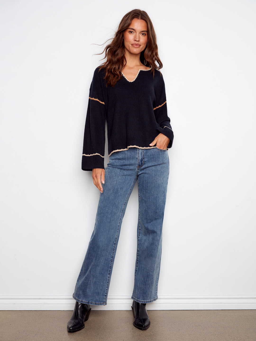 Navy Notch Neck Embroidered Sweater