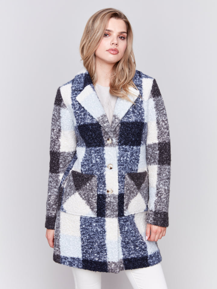 Navy Plaid Boucle Coat