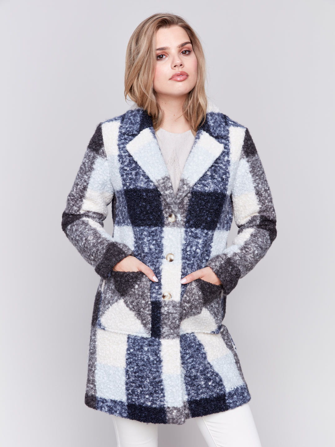 Navy Plaid Boucle Coat