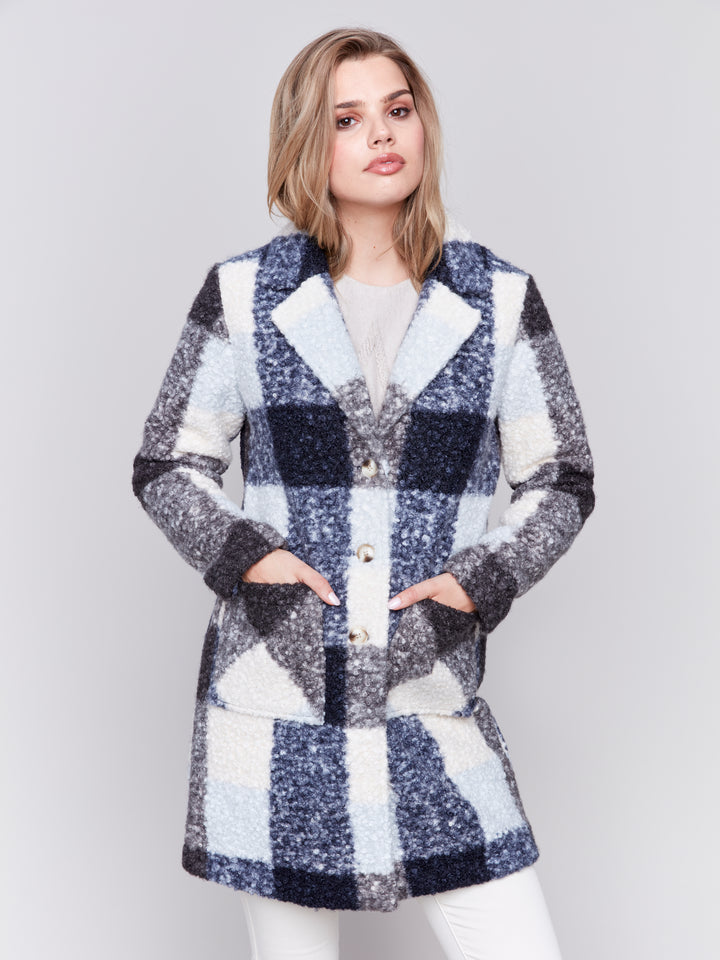 Navy Plaid Boucle Coat