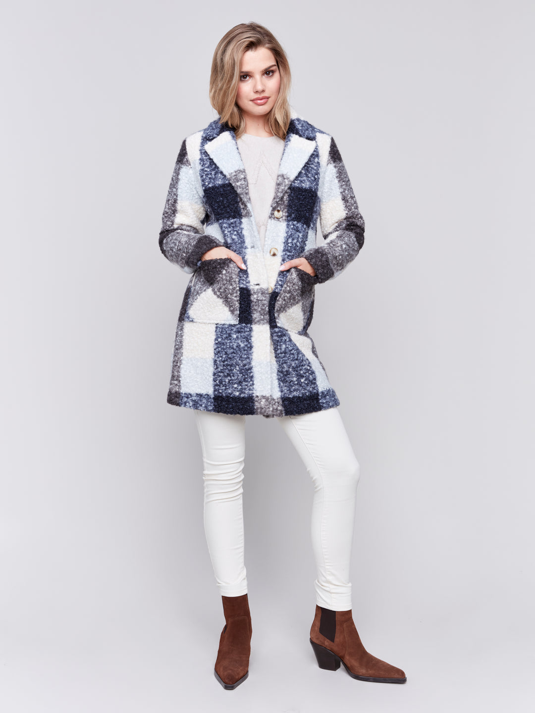 Navy Plaid Boucle Coat