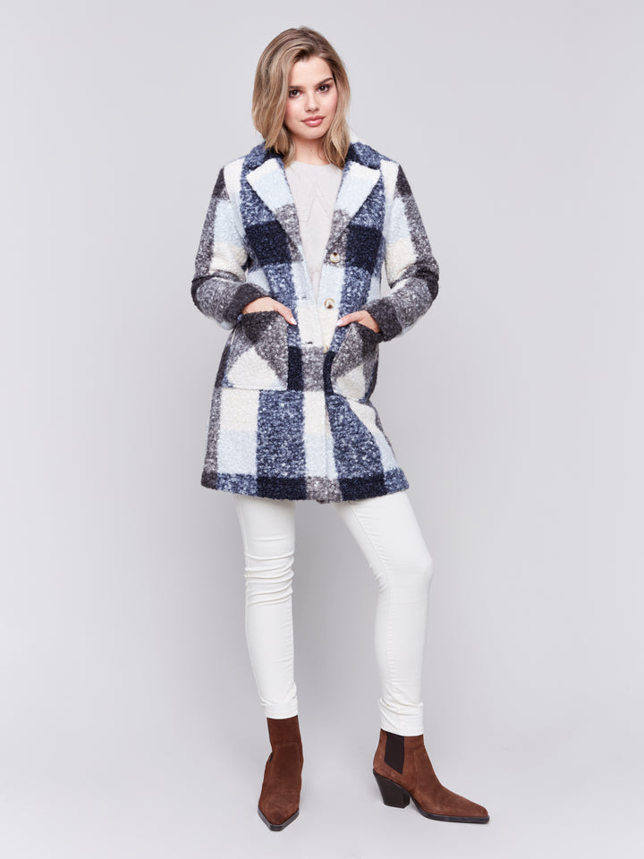 Navy Plaid Boucle Coat