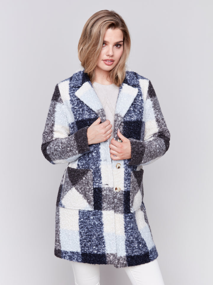 Navy Plaid Boucle Coat