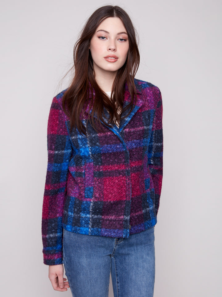 Navy Plaid Boucle Knit Short Jacket