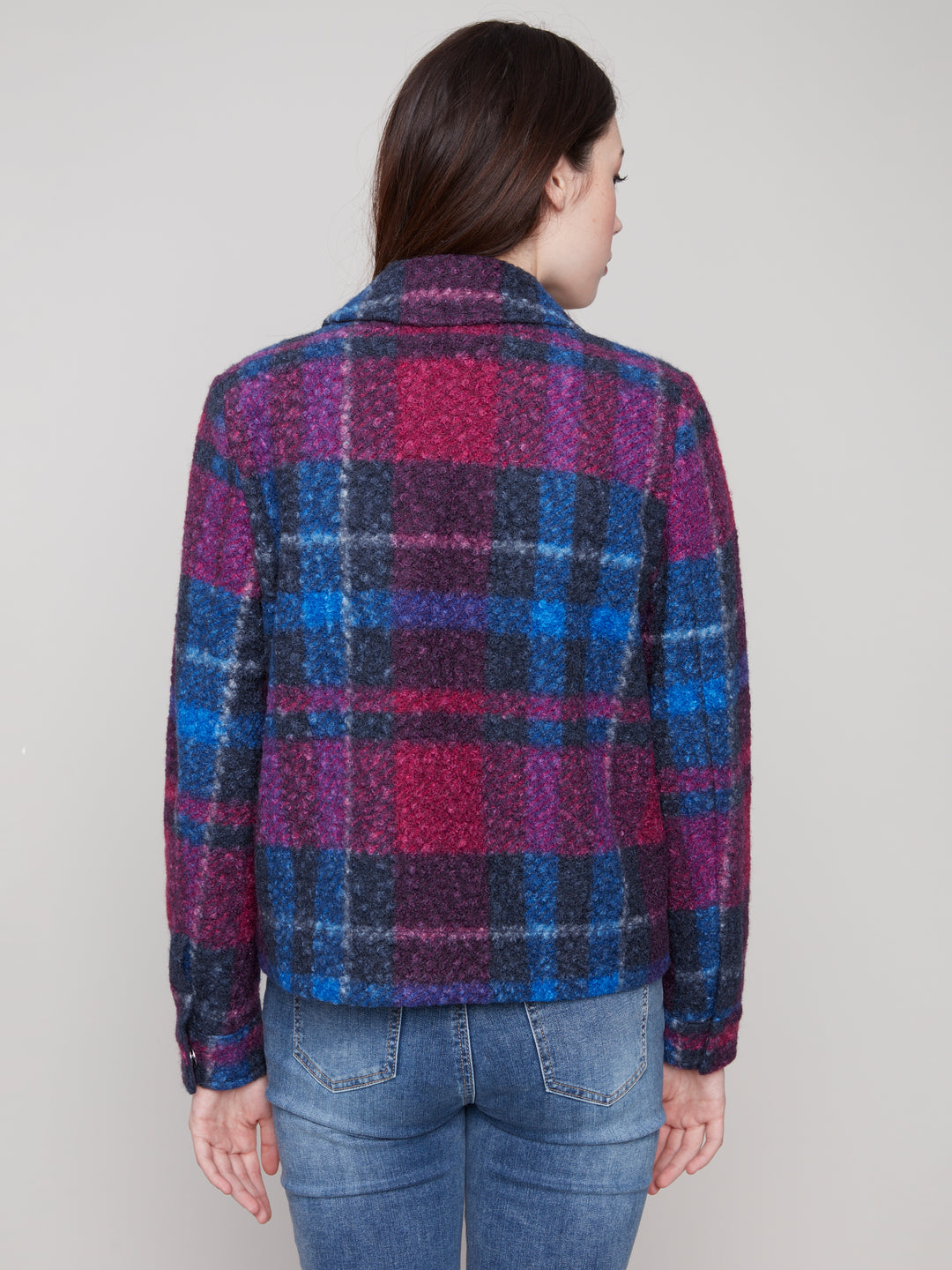Navy Plaid Boucle Knit Short Jacket