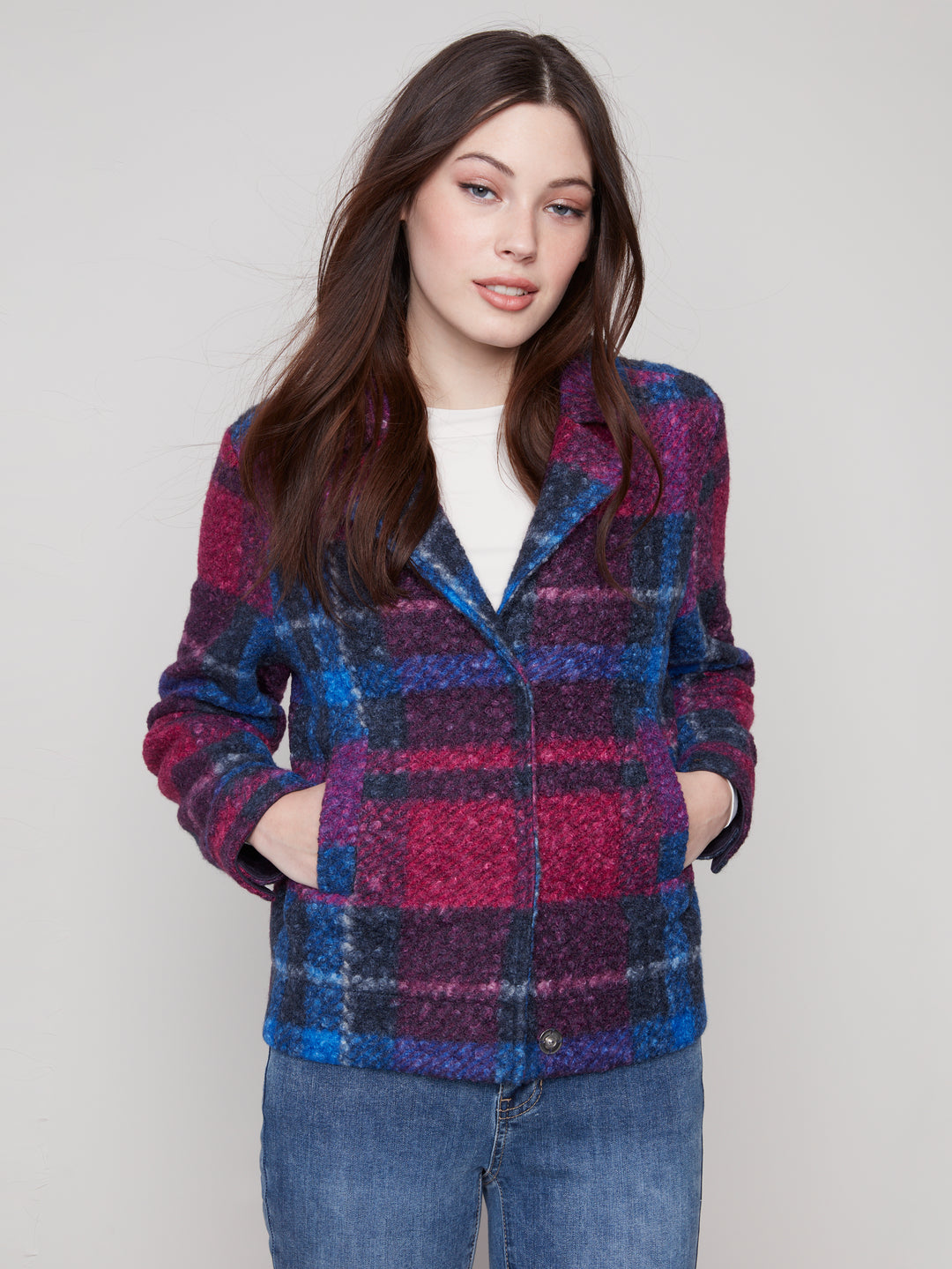 Navy Plaid Boucle Knit Short Jacket