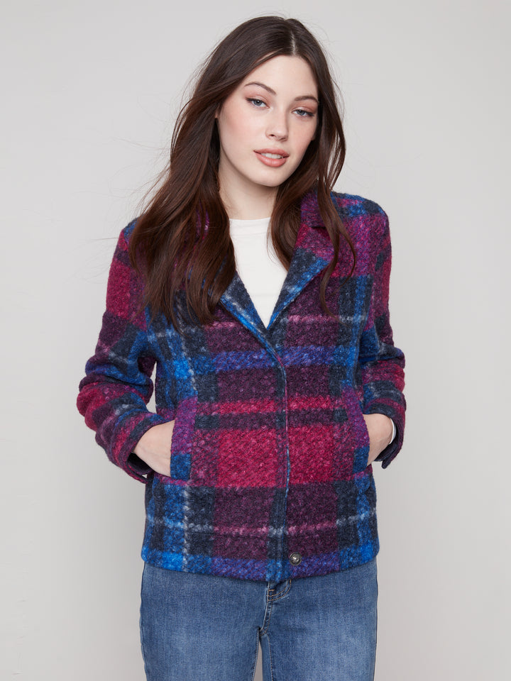 Navy Plaid Boucle Knit Short Jacket