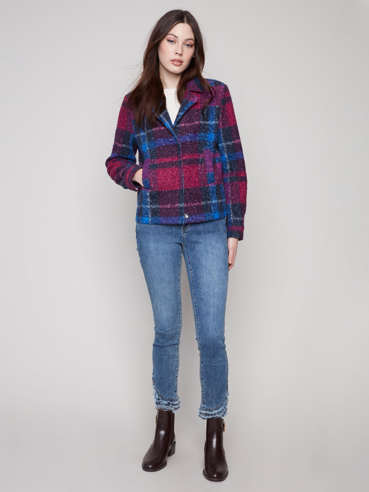Navy Plaid Boucle Knit Short Jacket