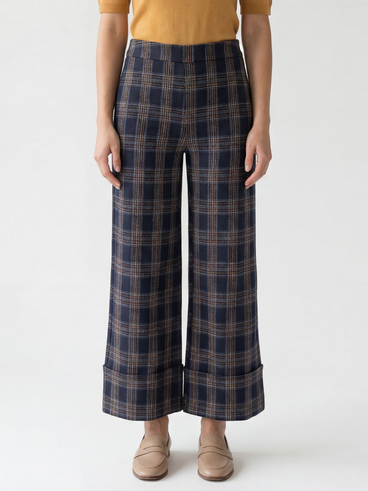 Navy Plaid Wide Leg Ponte Pant