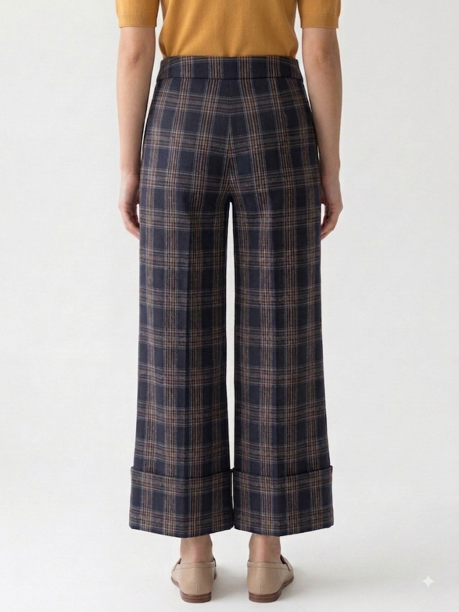 Navy Plaid Wide Leg Ponte Pant