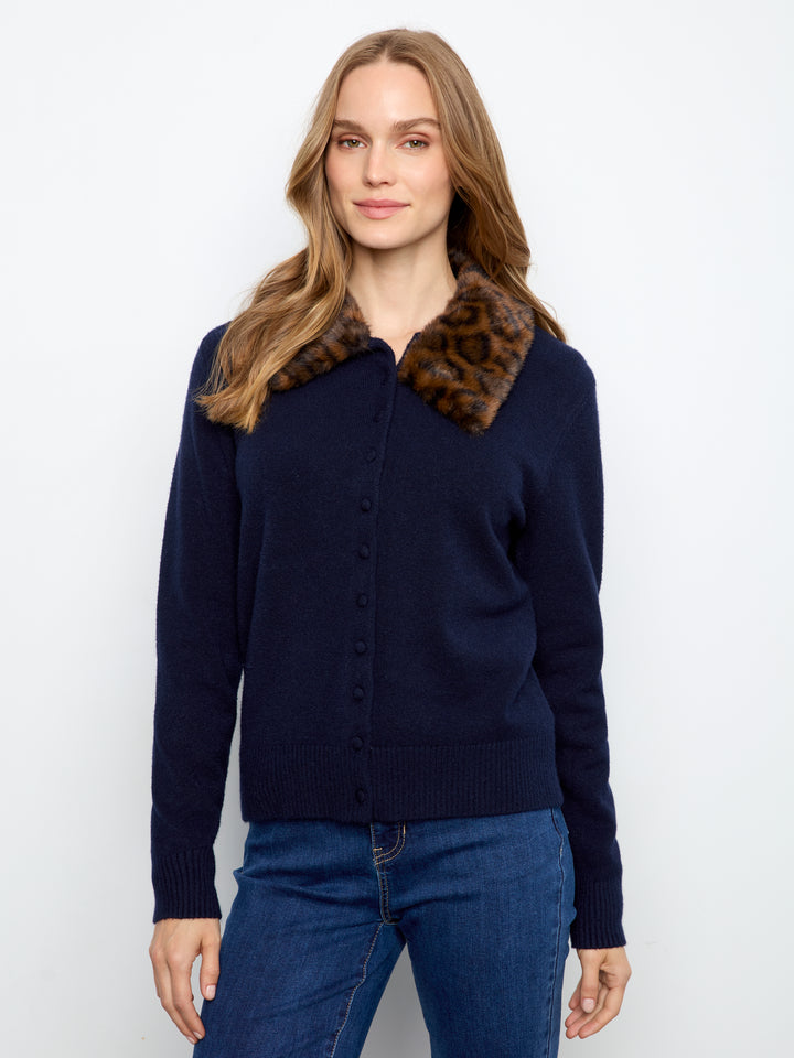 Navy Plushy Cardigan With Removable Faux Fur Collar
