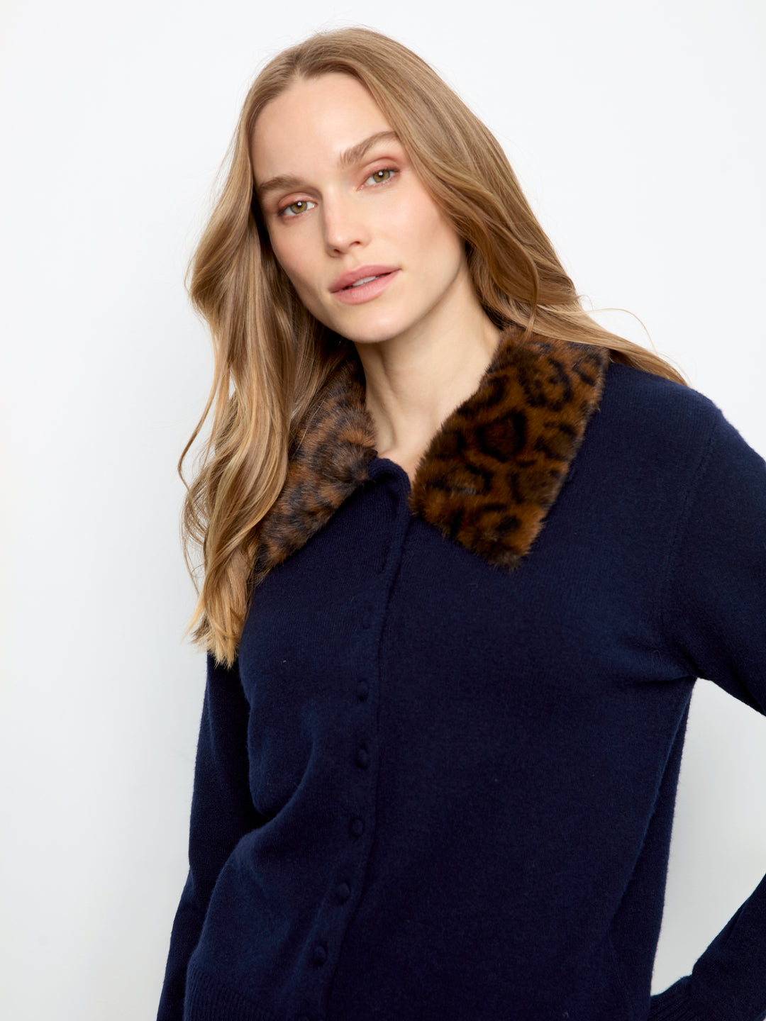Navy Plushy Cardigan With Removable Faux Fur Collar