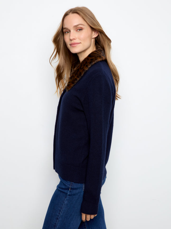Navy Plushy Cardigan With Removable Faux Fur Collar