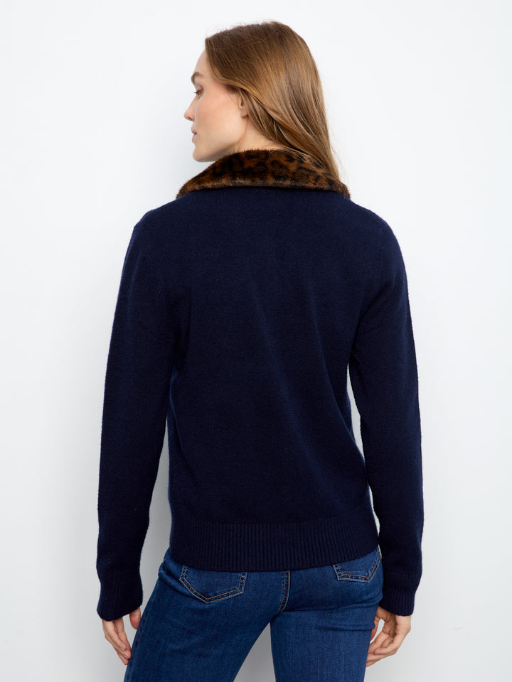 Navy Plushy Cardigan With Removable Faux Fur Collar