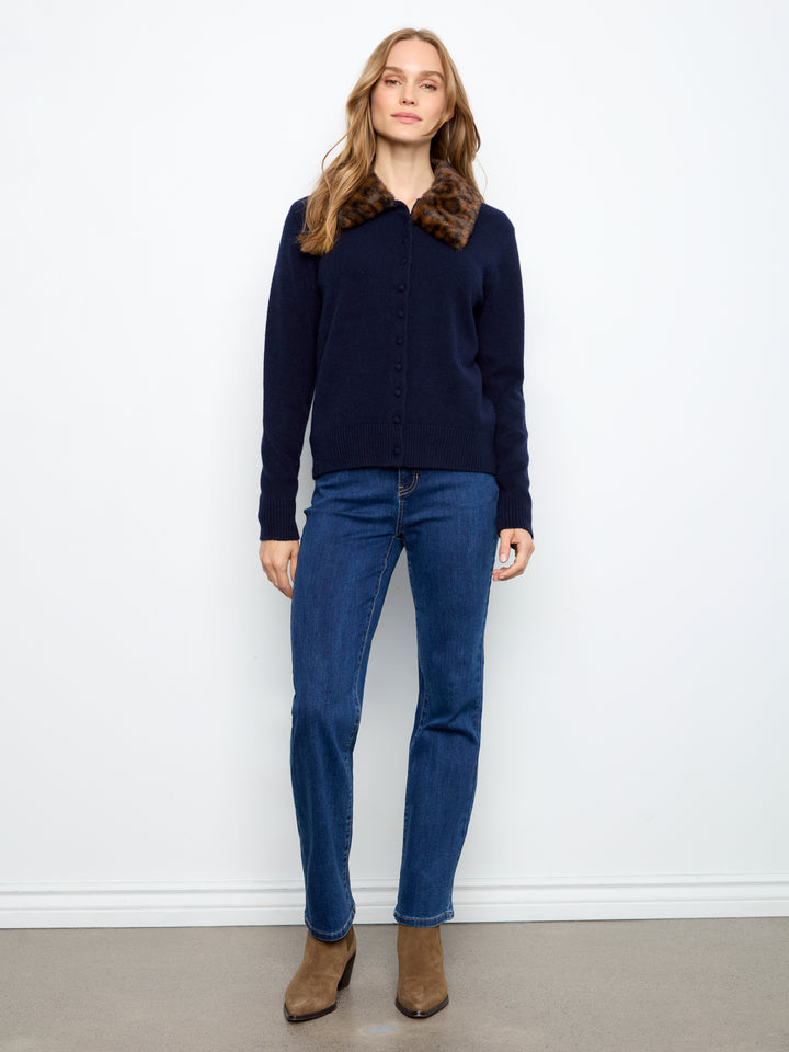 Navy Plushy Cardigan With Removable Faux Fur Collar