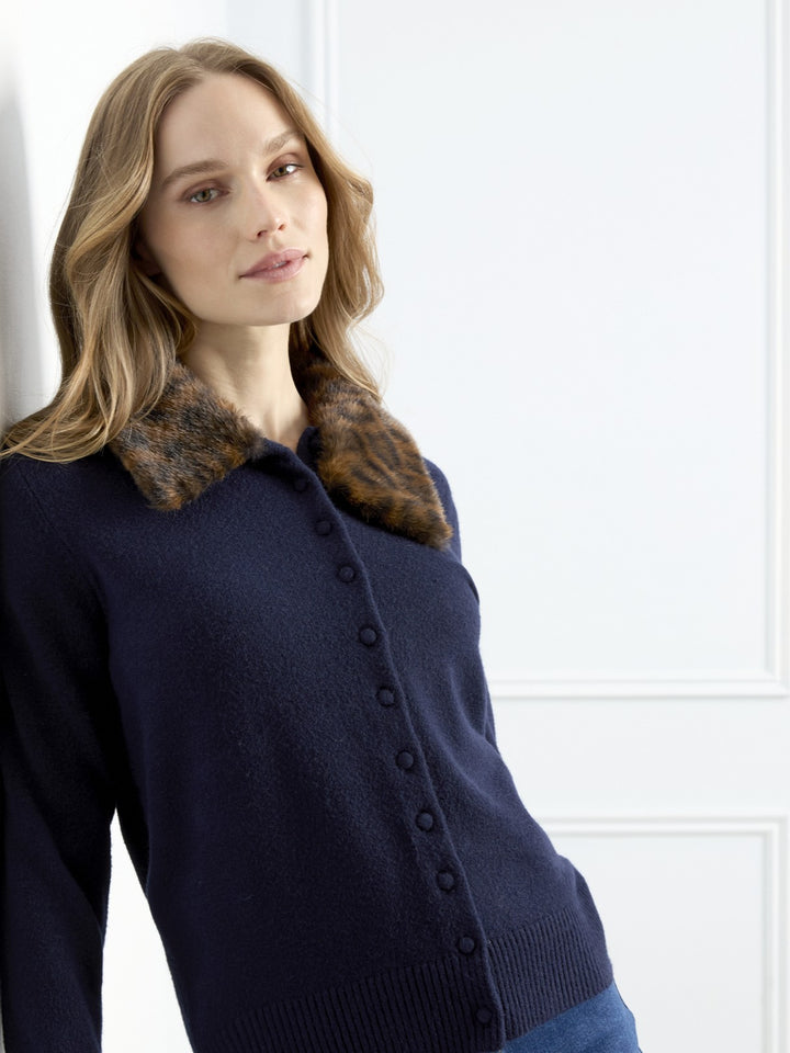 Navy Plushy Cardigan With Removable Faux Fur Collar