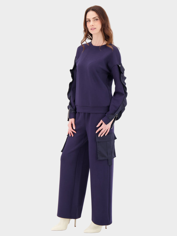 Navy Satin Ruffle Zip Sleeve Top