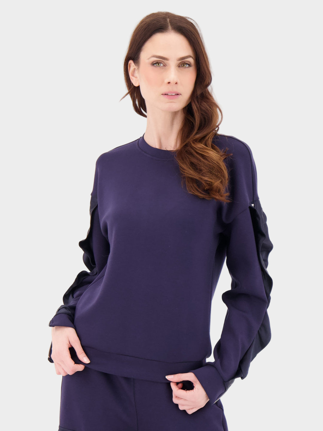 Navy Satin Ruffle Zip Sleeve Top