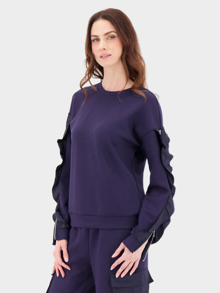 Navy Satin Ruffle Zip Sleeve Top
