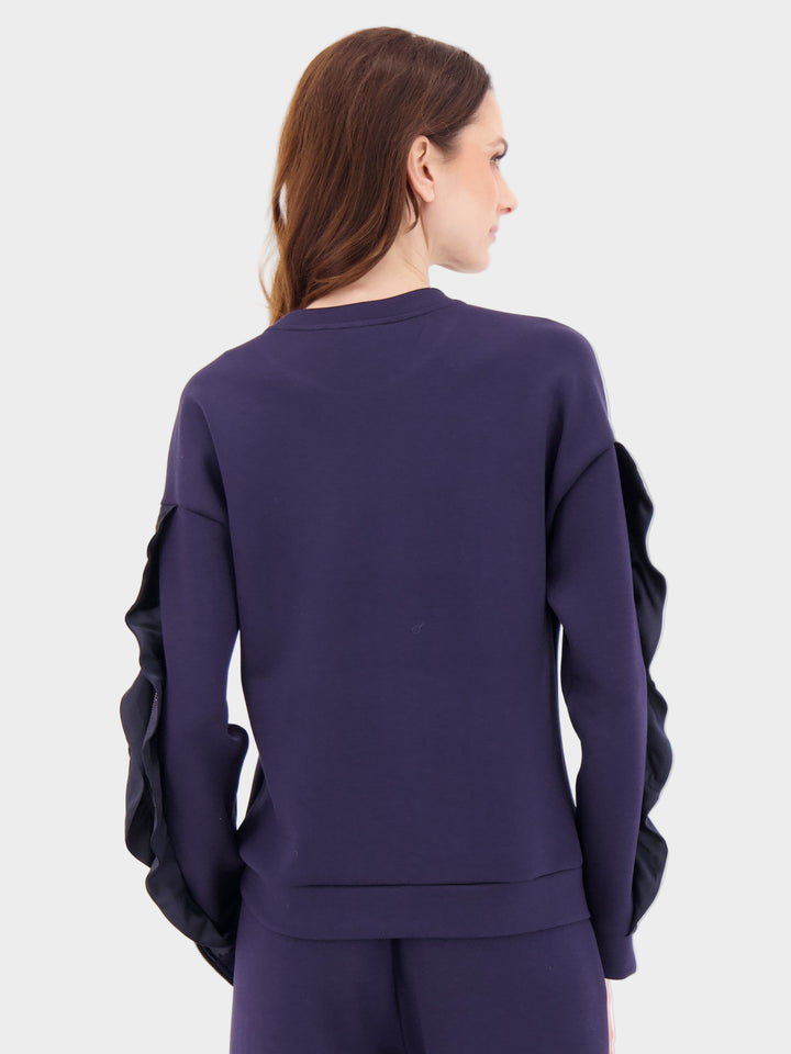 Navy Satin Ruffle Zip Sleeve Top