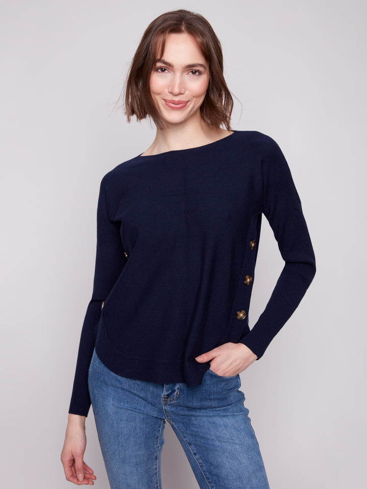 Navy Side Button Plush Sweater