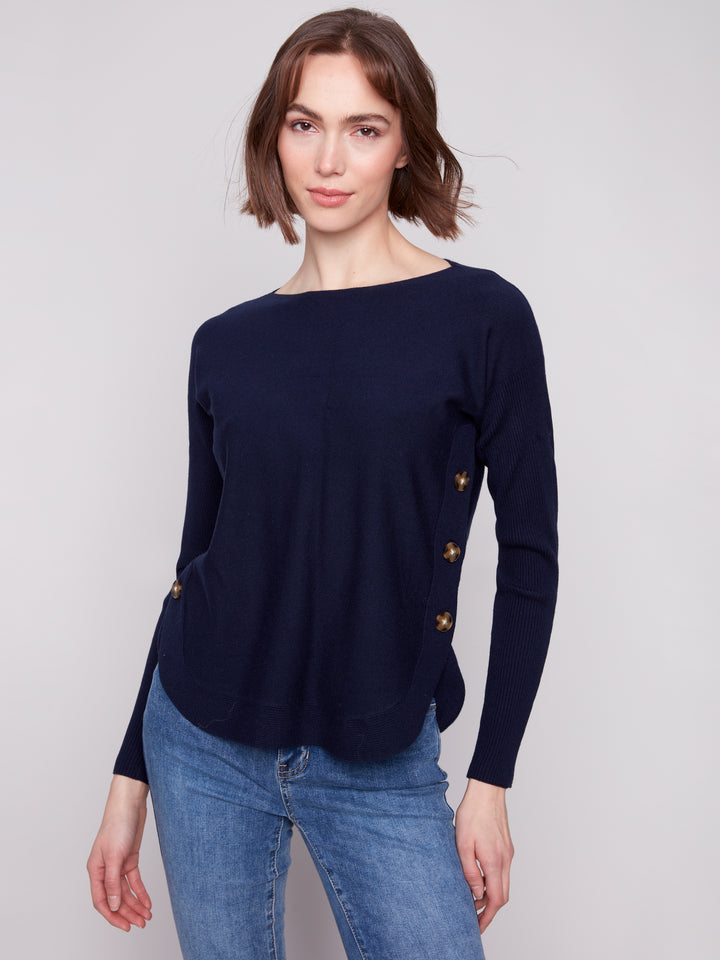 Navy Side Button Plush Sweater