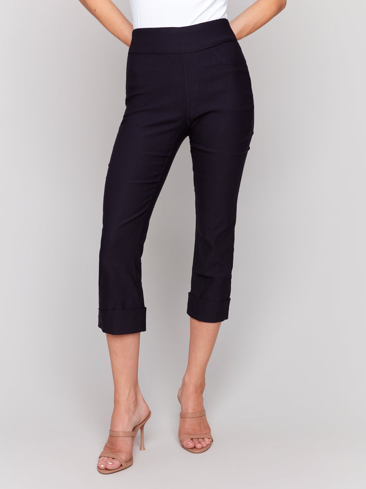 Navy Stretch Pull On Cuffed Crop Pant