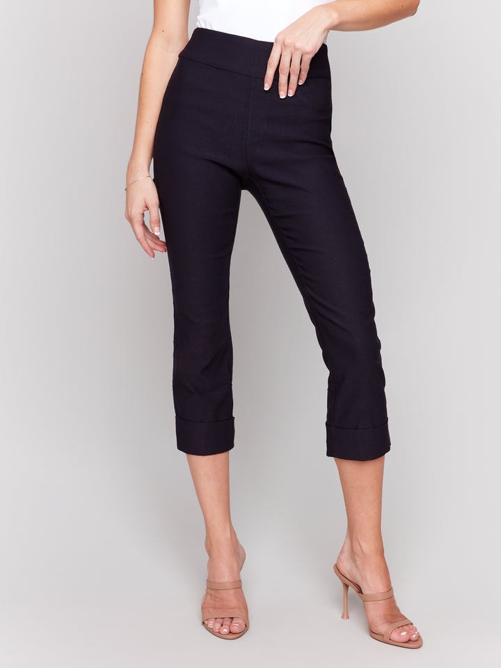 Navy Stretch Pull On Cuffed Crop Pant