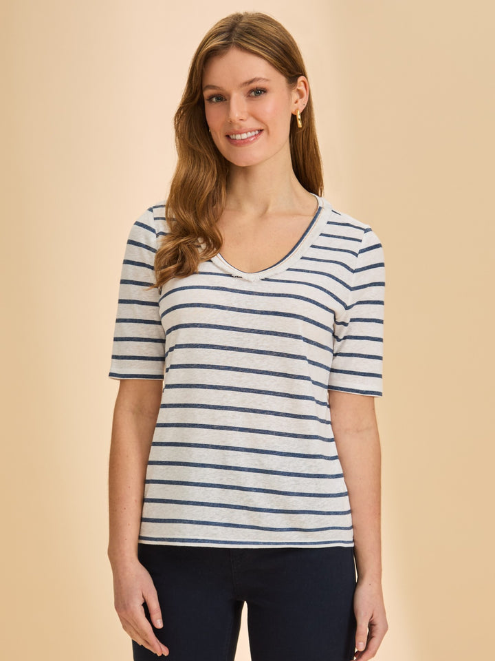 Navy Stripe Fringe V-Neck Top