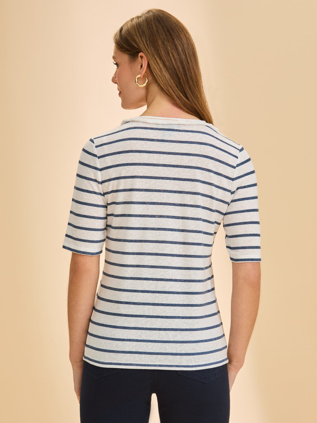 Navy Stripe Fringe V-Neck Top