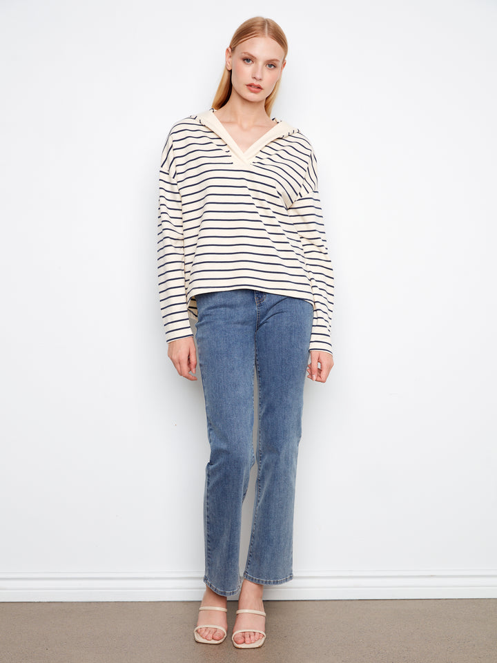 Navy Striped High Low V-Neck Hoodie