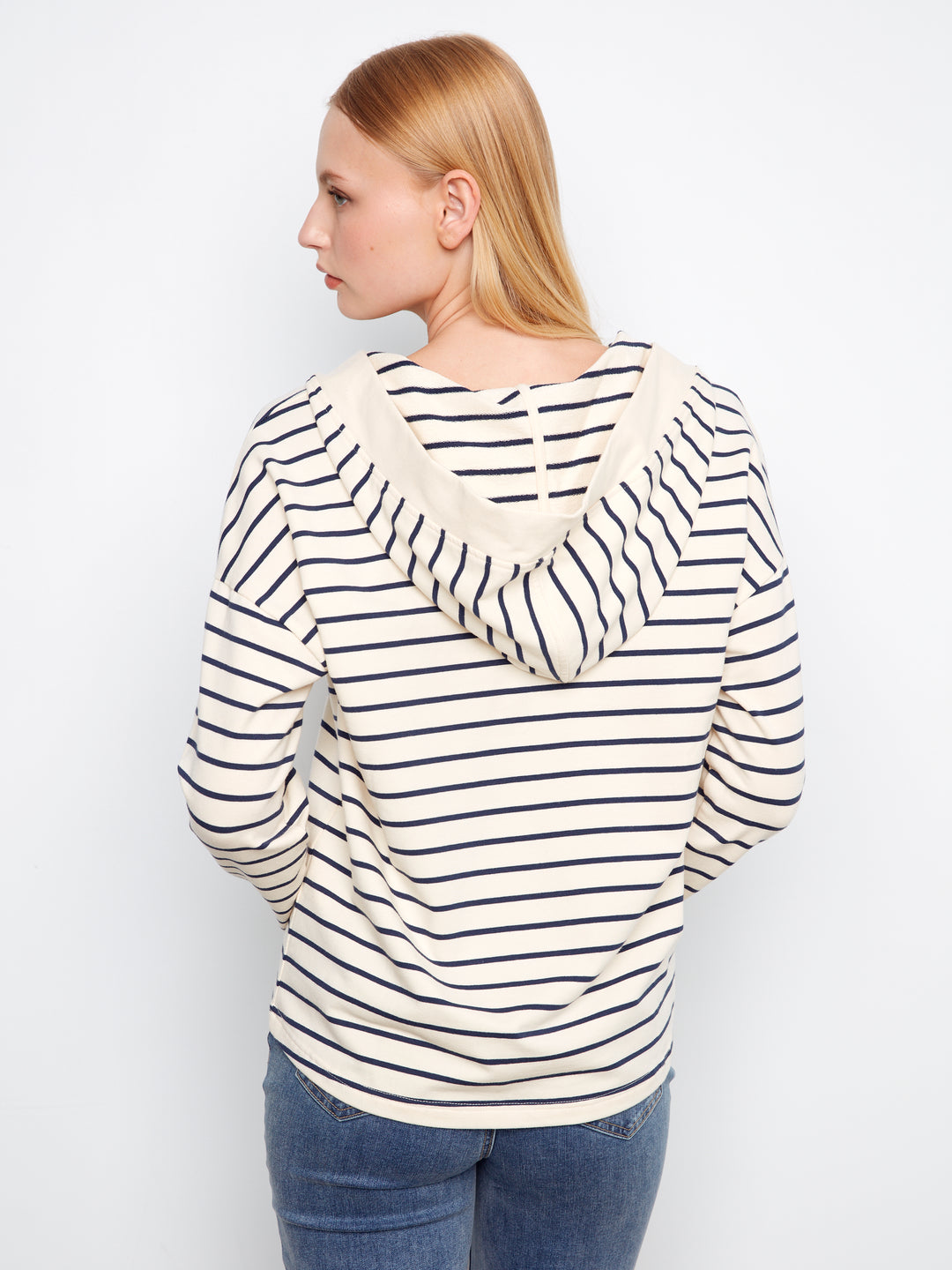 Navy Striped High Low V-Neck Hoodie