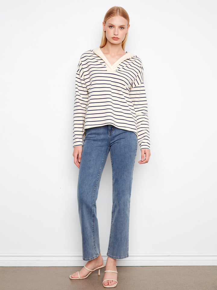 Navy Striped High Low V-Neck Hoodie