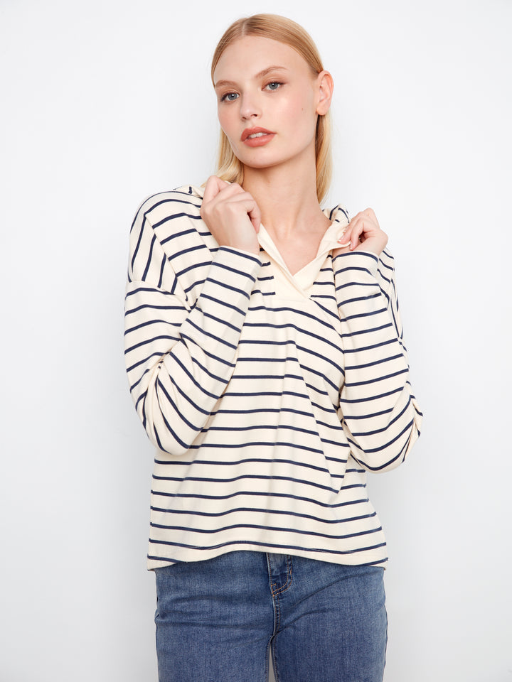 Navy Striped High Low V-Neck Hoodie