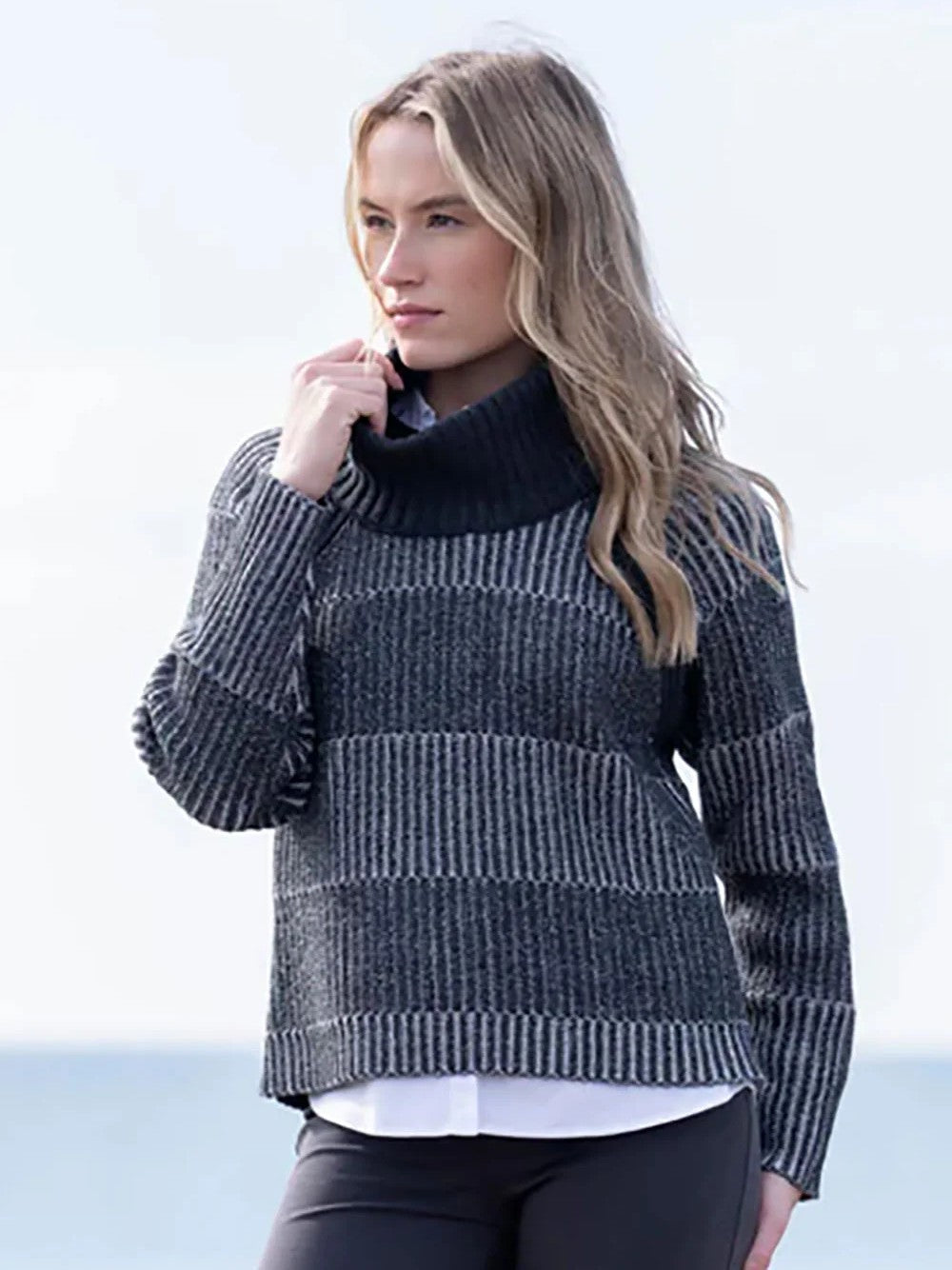 Navy Striped Rib Knit Sweater with Removeable Cowl