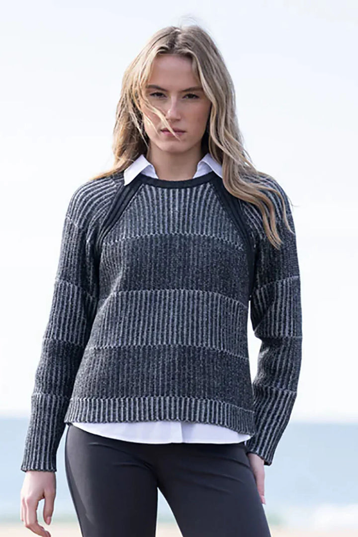 Navy Striped Rib Knit Sweater with Removeable Cowl