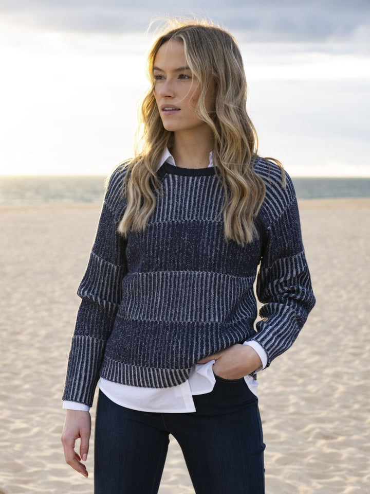 Navy Striped Rib Knit Sweater with Removeable Cowl