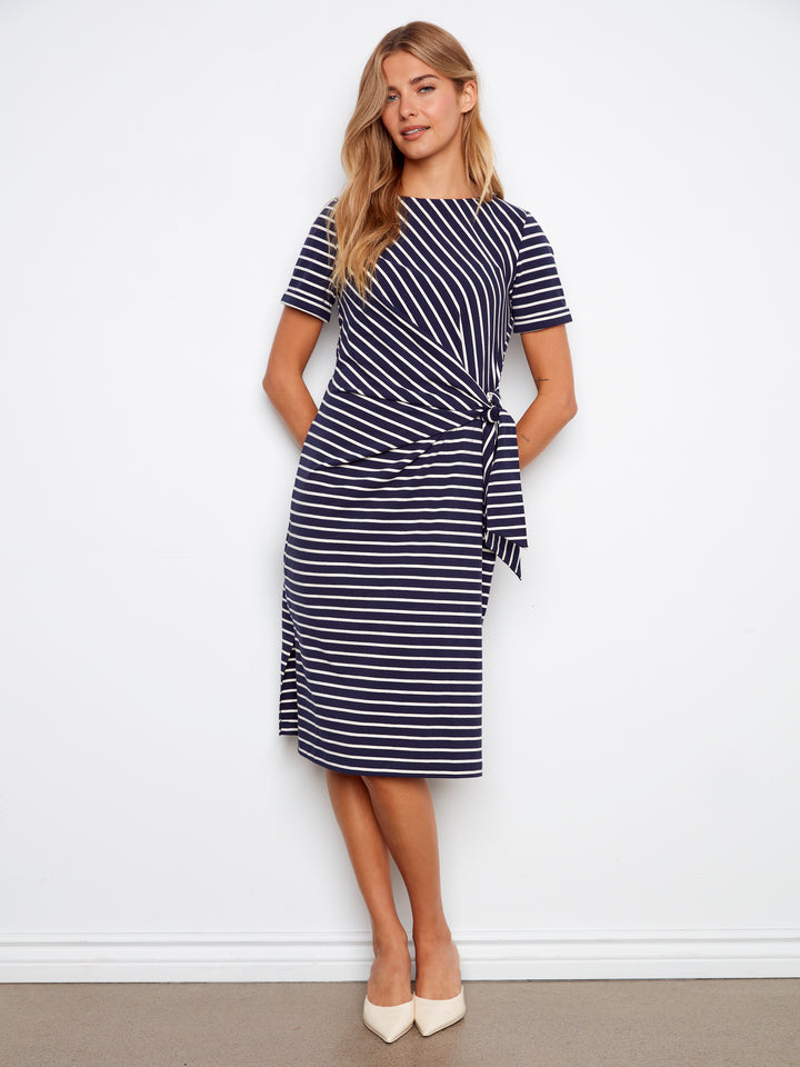 Navy Striped Side Tie Dress