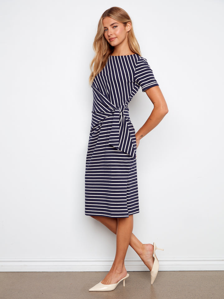 Navy Striped Side Tie Dress