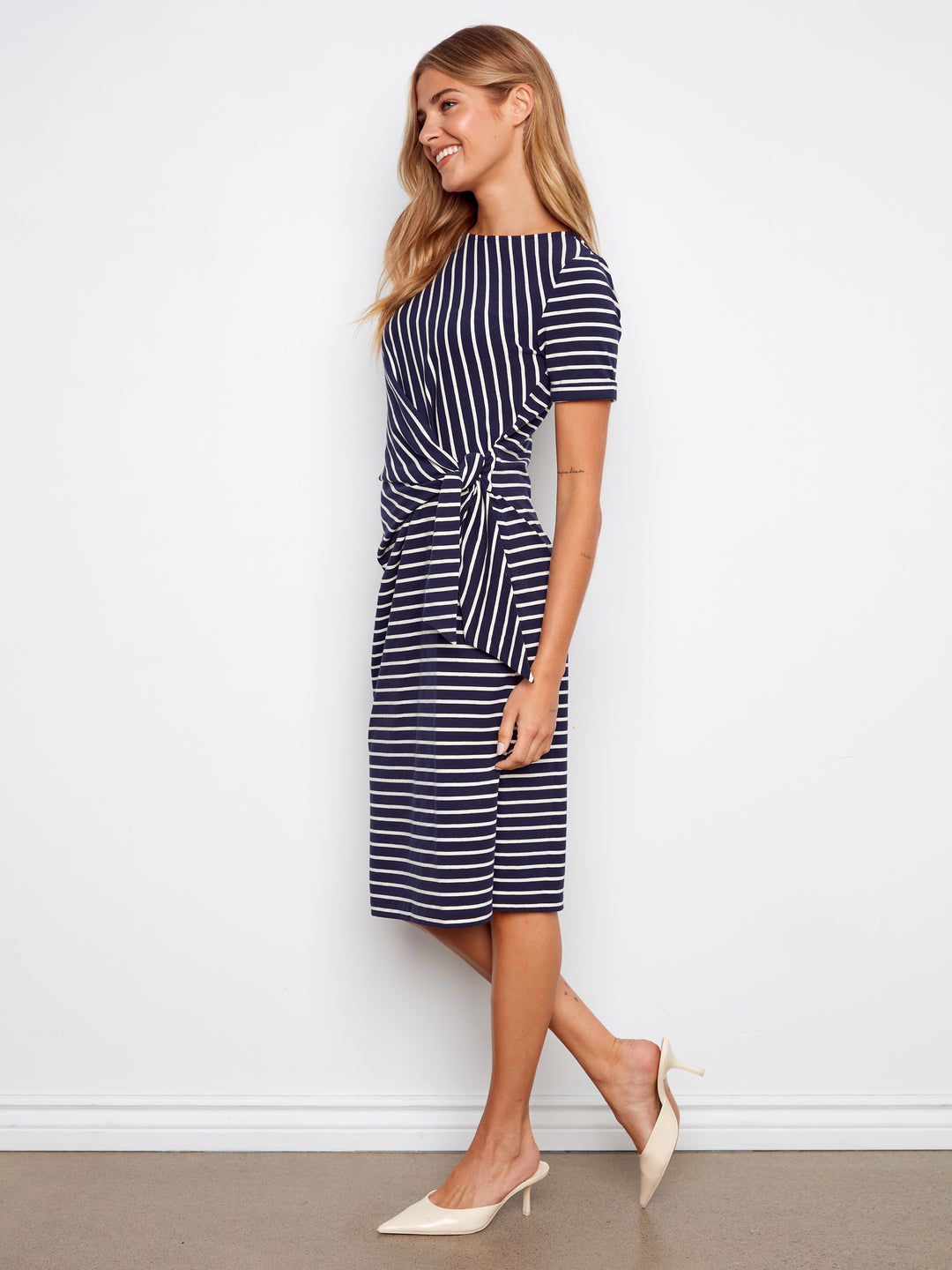 Navy Striped Side Tie Dress