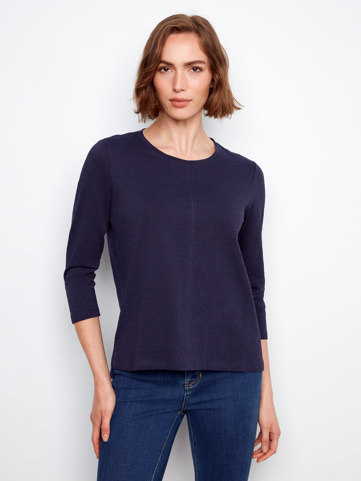 Navy Three Quarter Sleeve Organic Cotton Top