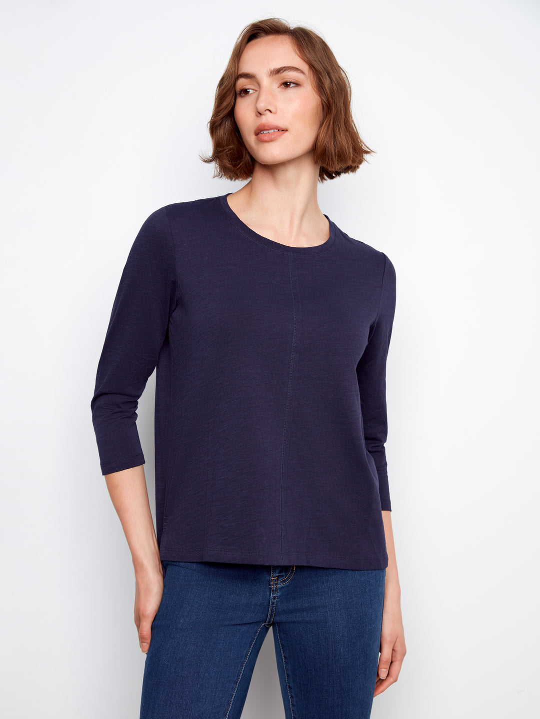 Navy Three Quarter Sleeve Organic Cotton Top