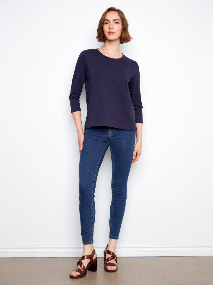 Navy Three Quarter Sleeve Organic Cotton Top