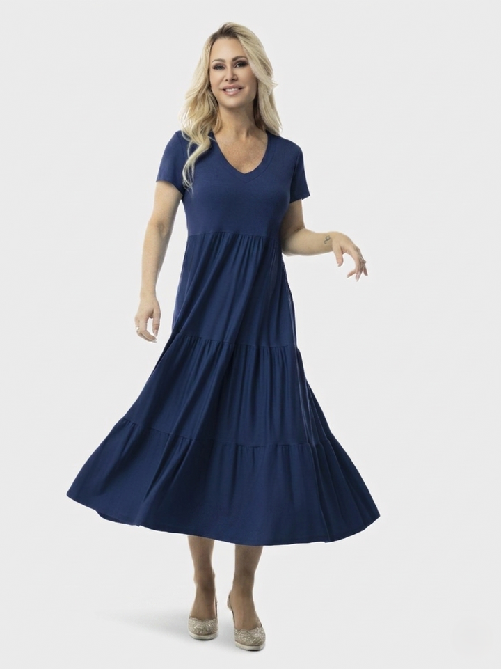 Navy Tiered Short Sleeve Maxi Dress