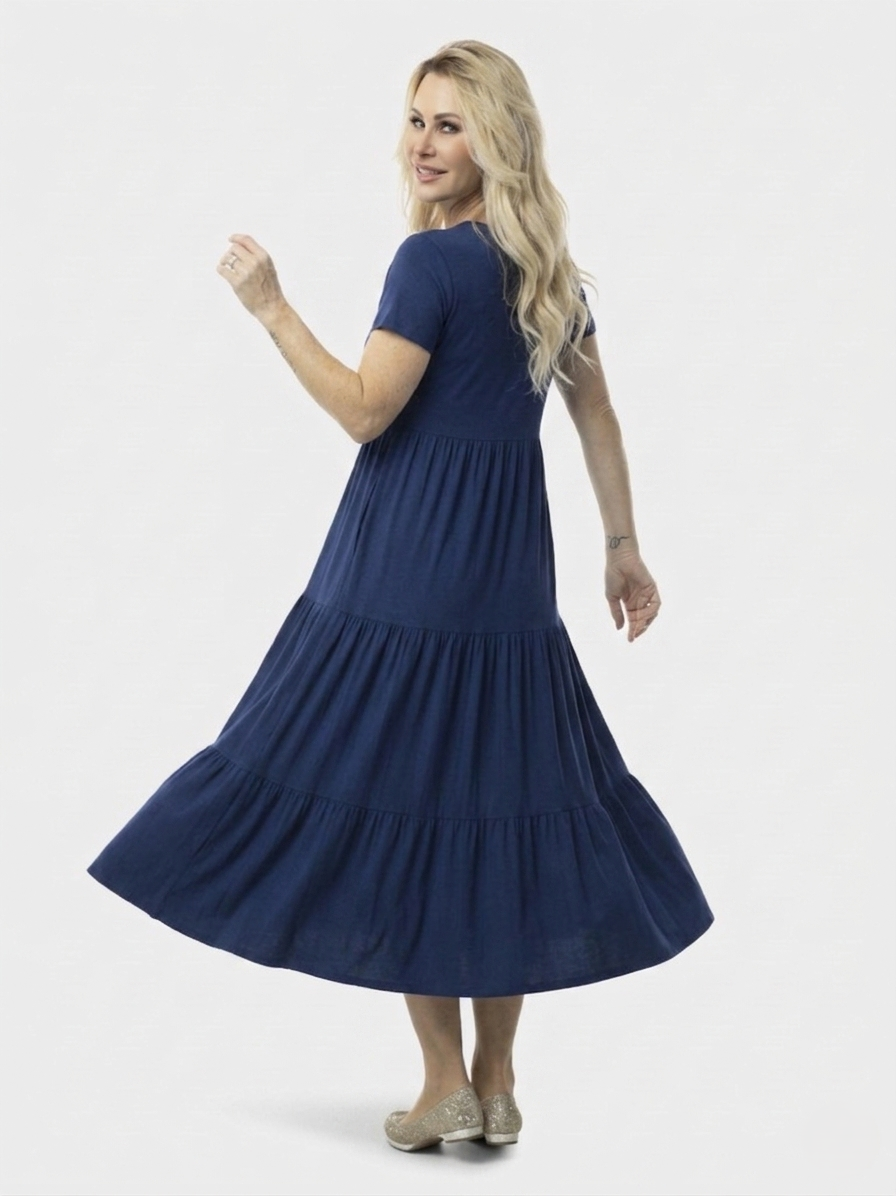 Navy Tiered Short Sleeve Maxi Dress