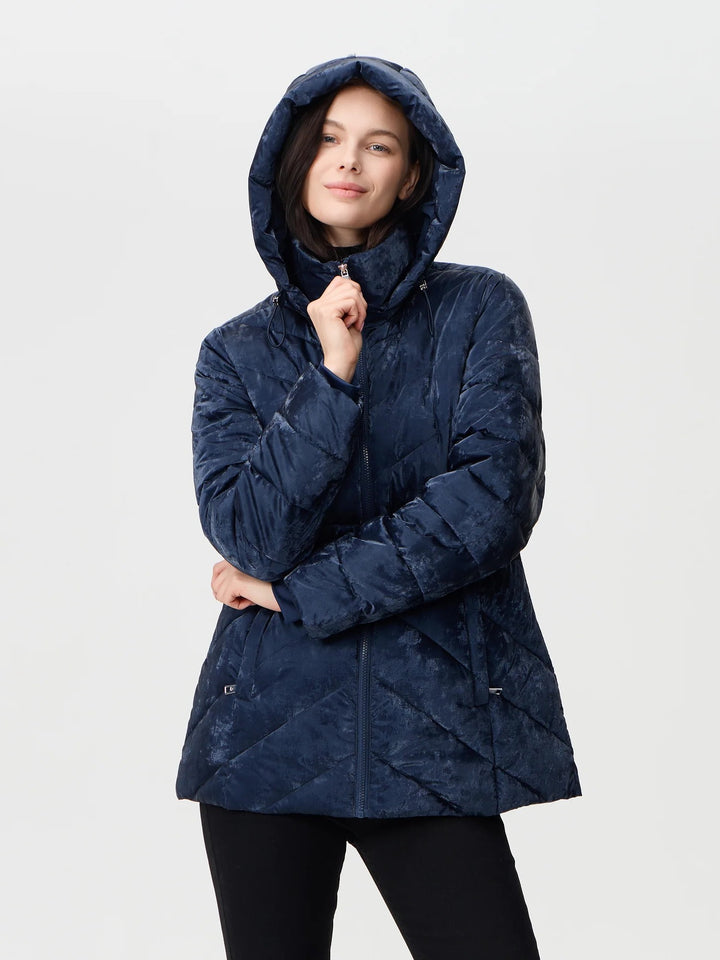 Navy Velvety Shimmer Puffer Coat