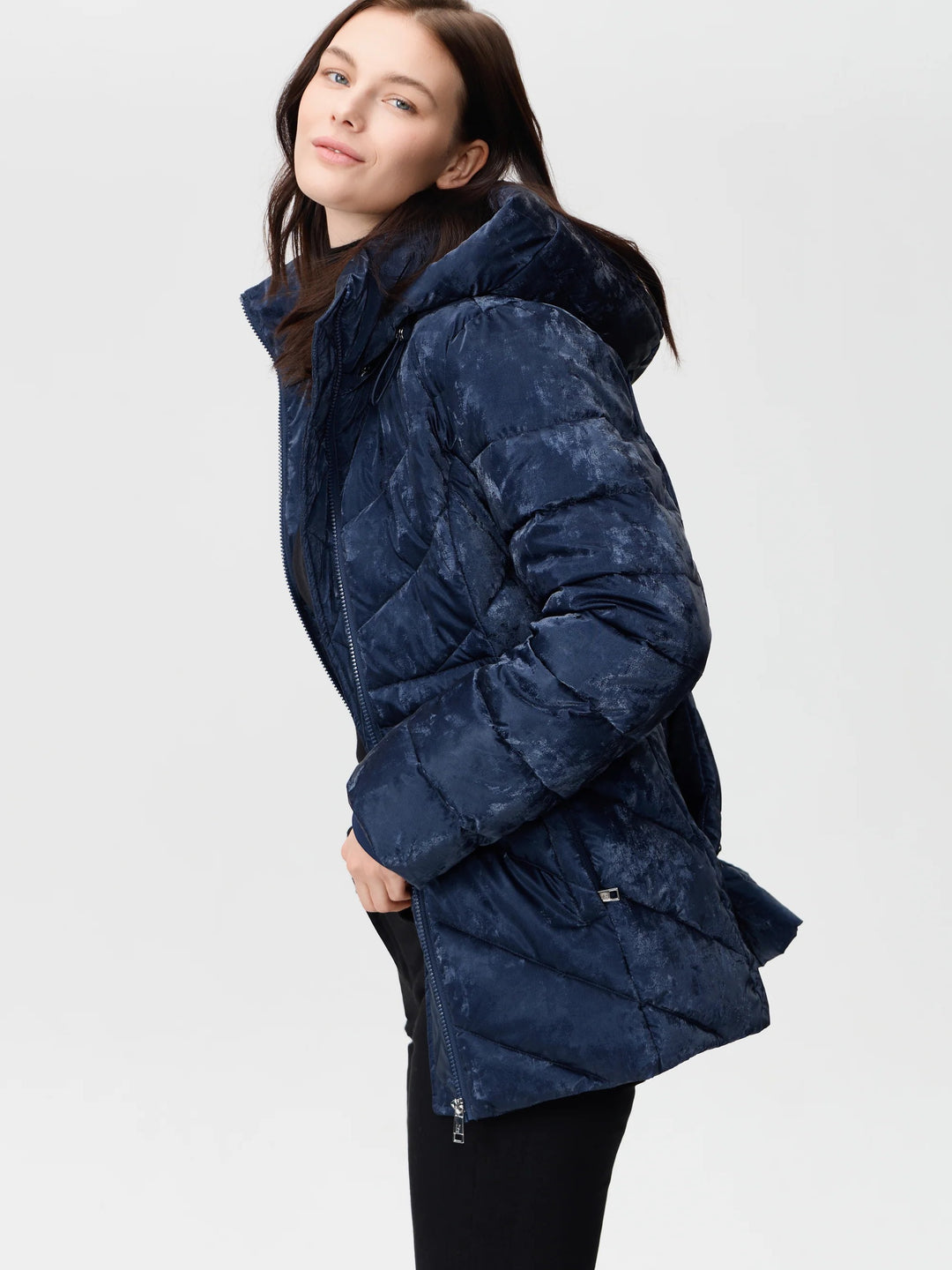 Navy Velvety Shimmer Puffer Coat