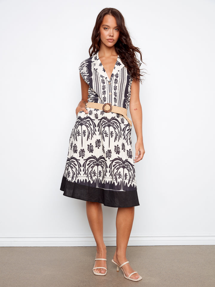 Oasis Print Cap Sleeve Belted Linen Dress
