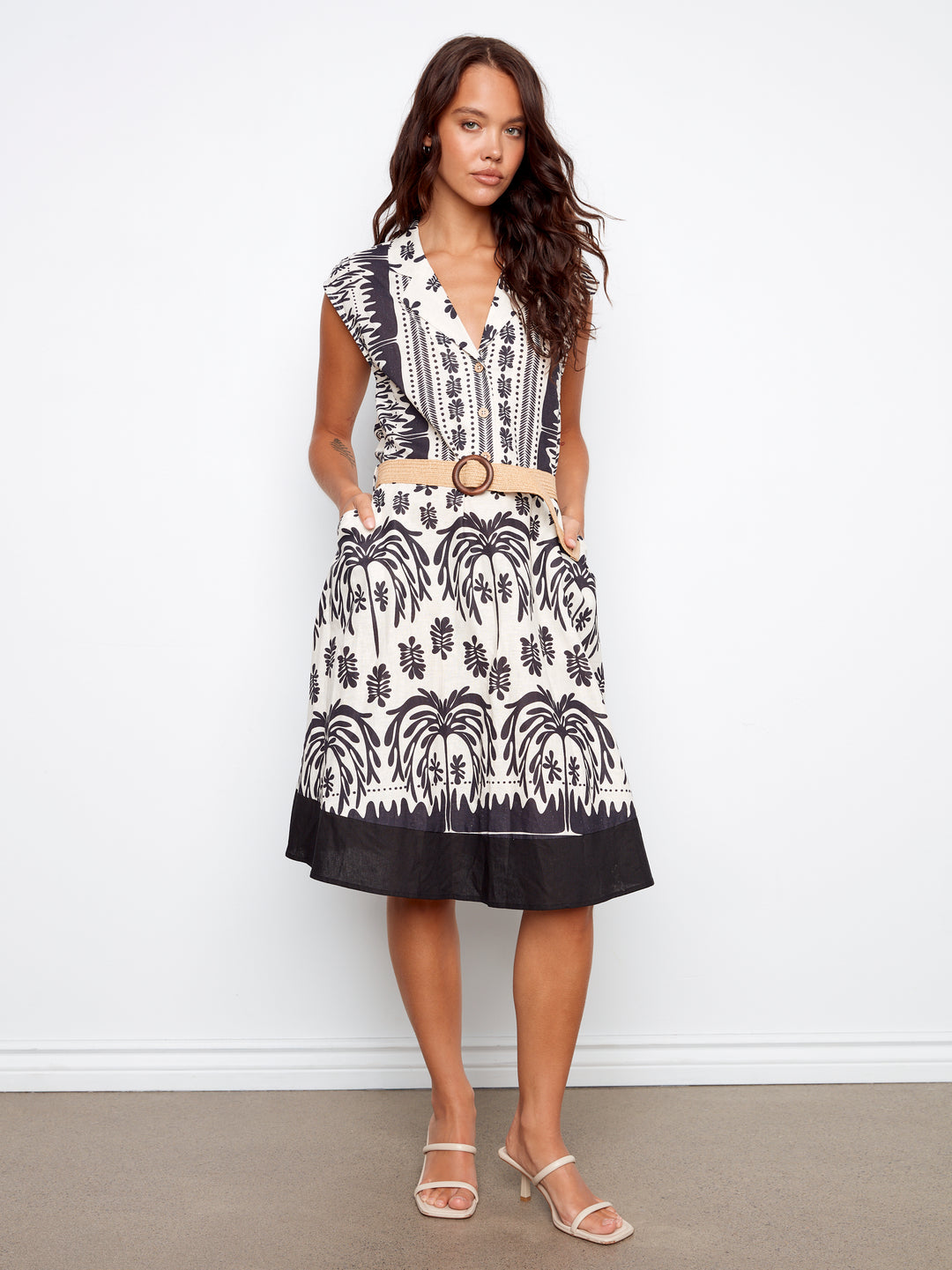 Oasis Print Cap Sleeve Belted Linen Dress